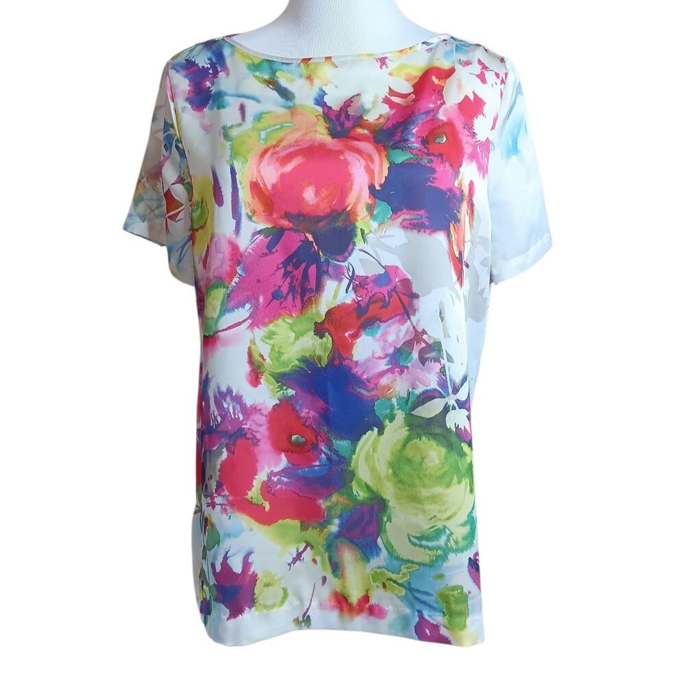 LIZ CLAIBORNE Artsy Blouse Top L Short‎ Sleeves Floral Bright Flowers Tropical